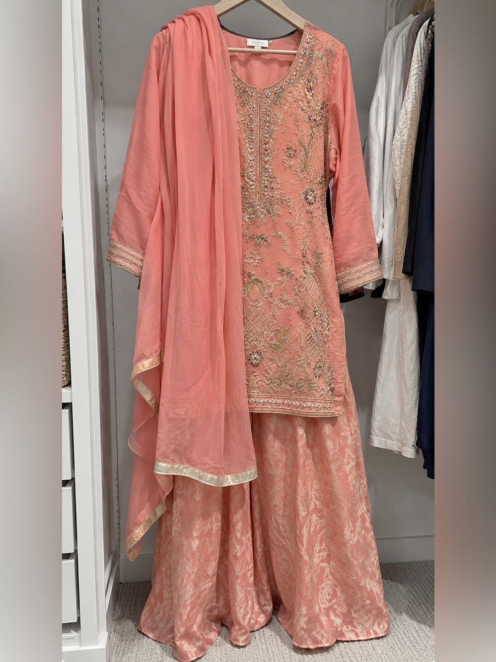 Women Peach Embroidered Festive Dress with Dupatta